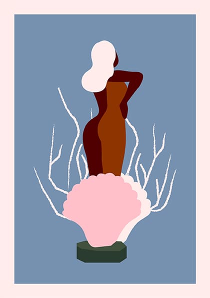 Femme stylisée, coquillage, branches, fond bleu, art abstrait