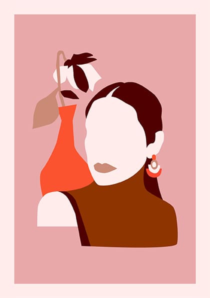 Femme stylisée, cheveux foncés, bijoux, fond rose, tenue orange, forme géométrique