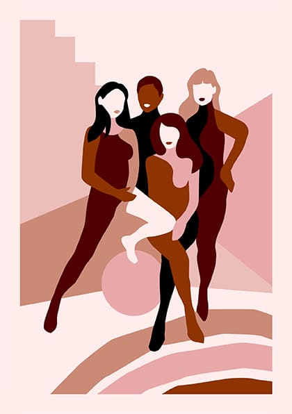 Art minimaliste, quatre femmes stylisées, couleurs terreuses, fond géométrique