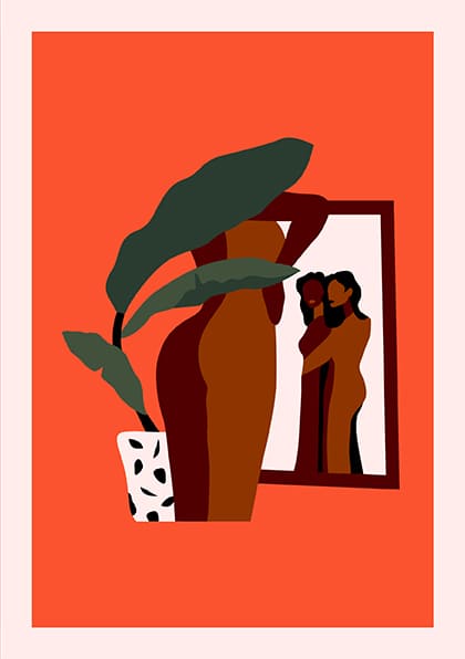 Plante, personne, miroir, orange, pot à motif, reflet, moderne, minimaliste, intérieur, design, maison, art