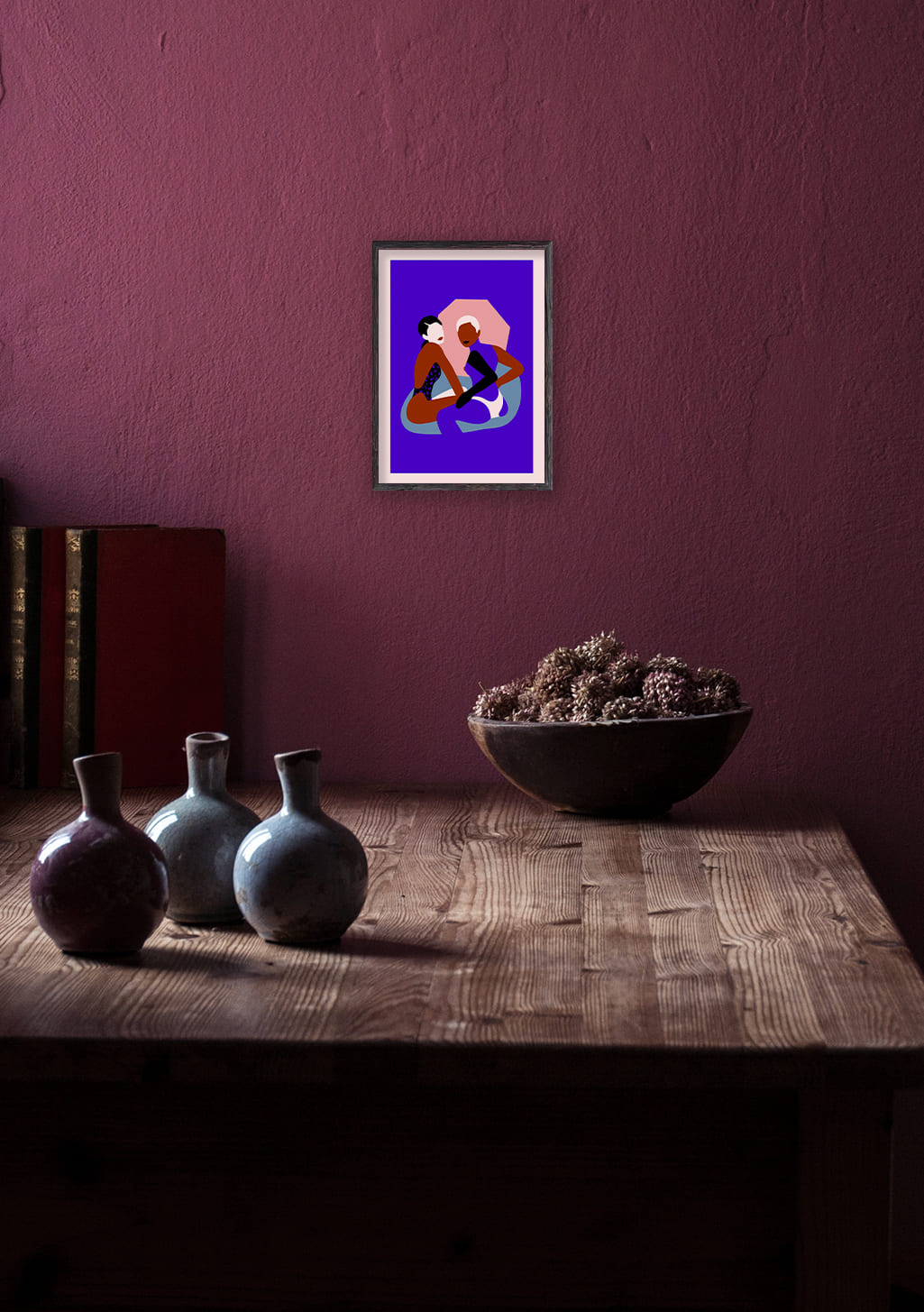 Art abstrait, figures stylisées, couleurs vives, fond violet