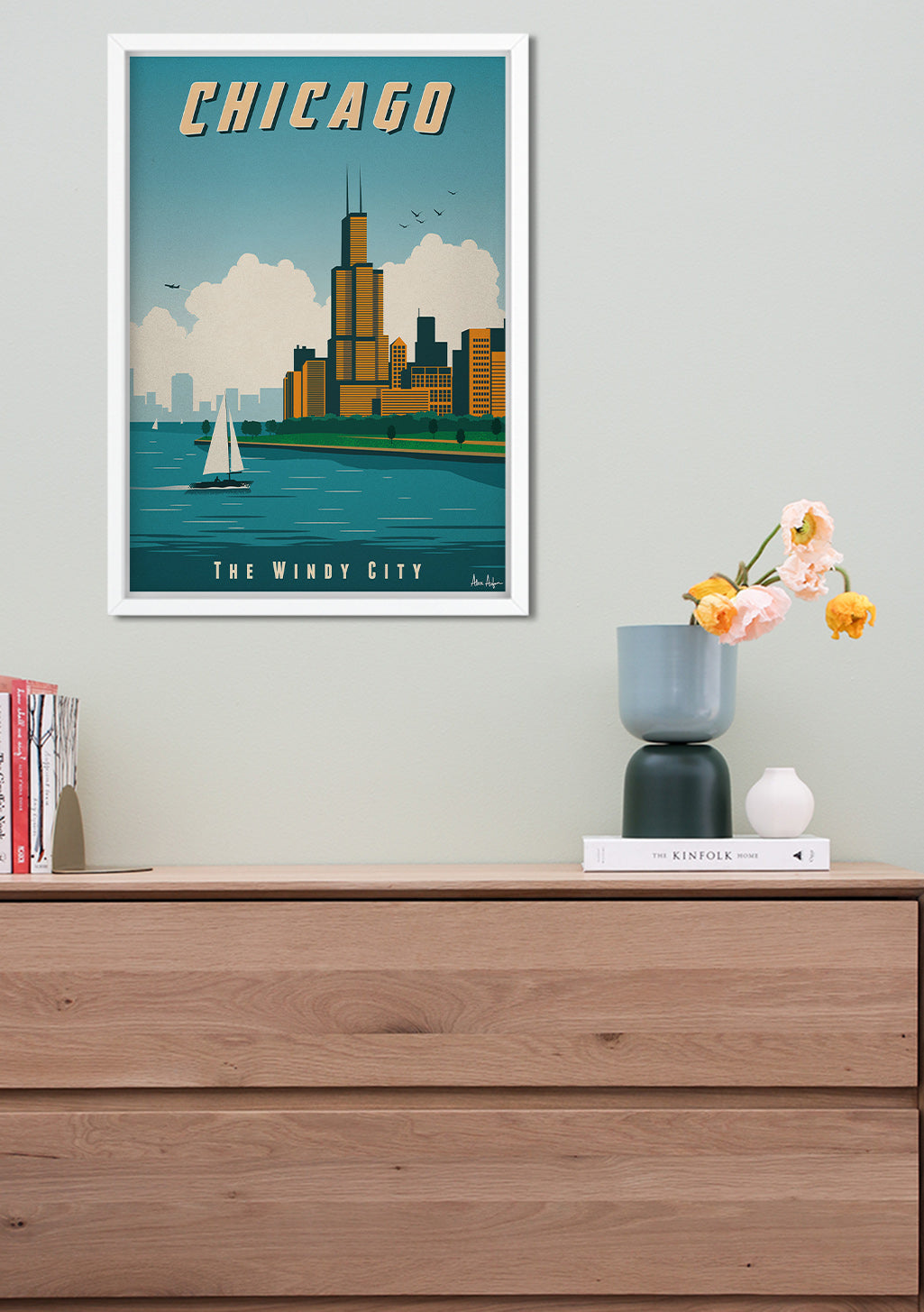 Poster de Chicago, Ville du Vent, paysage urbain, gratte-ciel, bateau à voile, ciel bleu