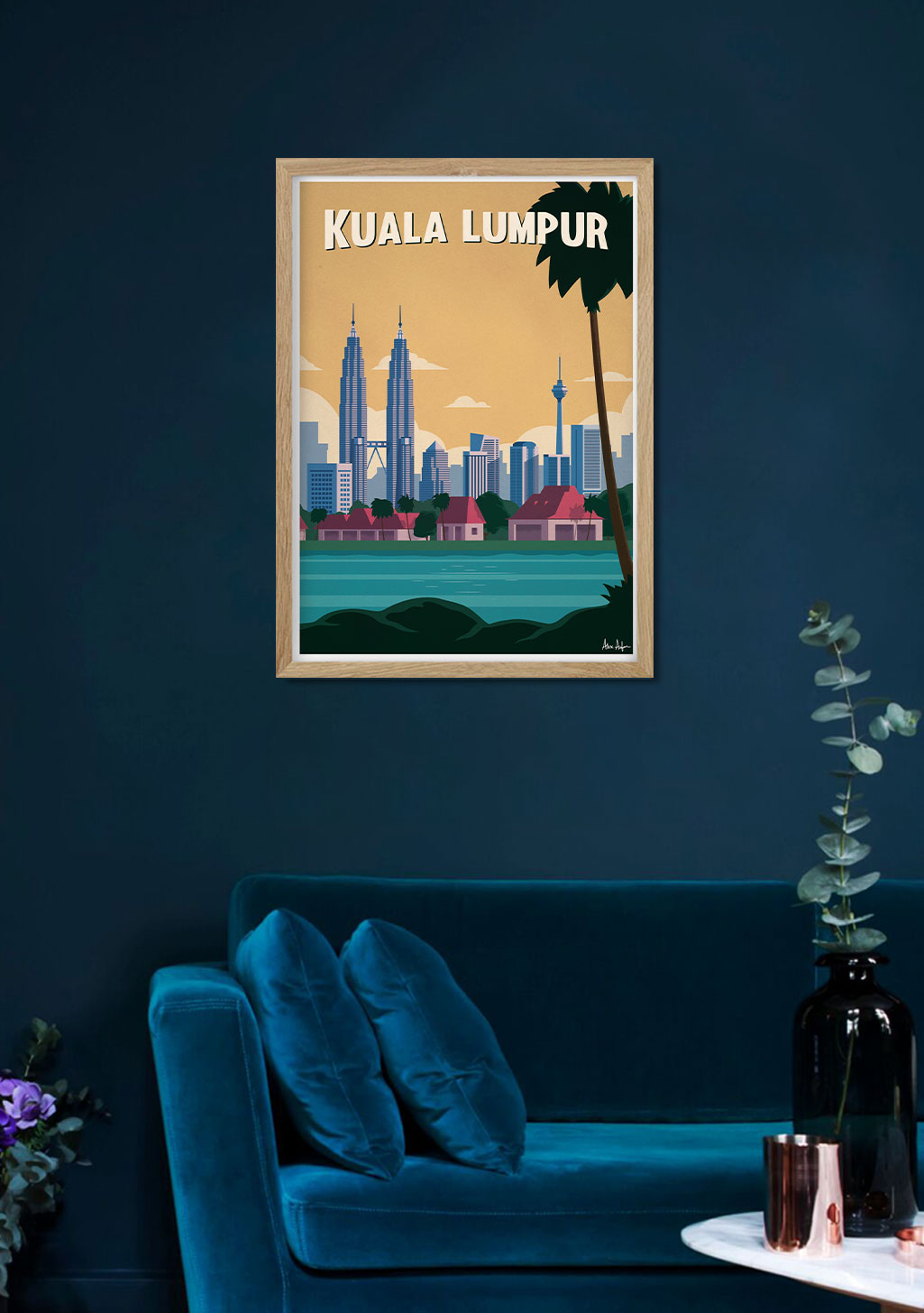 Kuala Lumpur, ville, Twin Towers, coucher de soleil, palmier, cadre, mur, bleu,, fleurs, vase, table