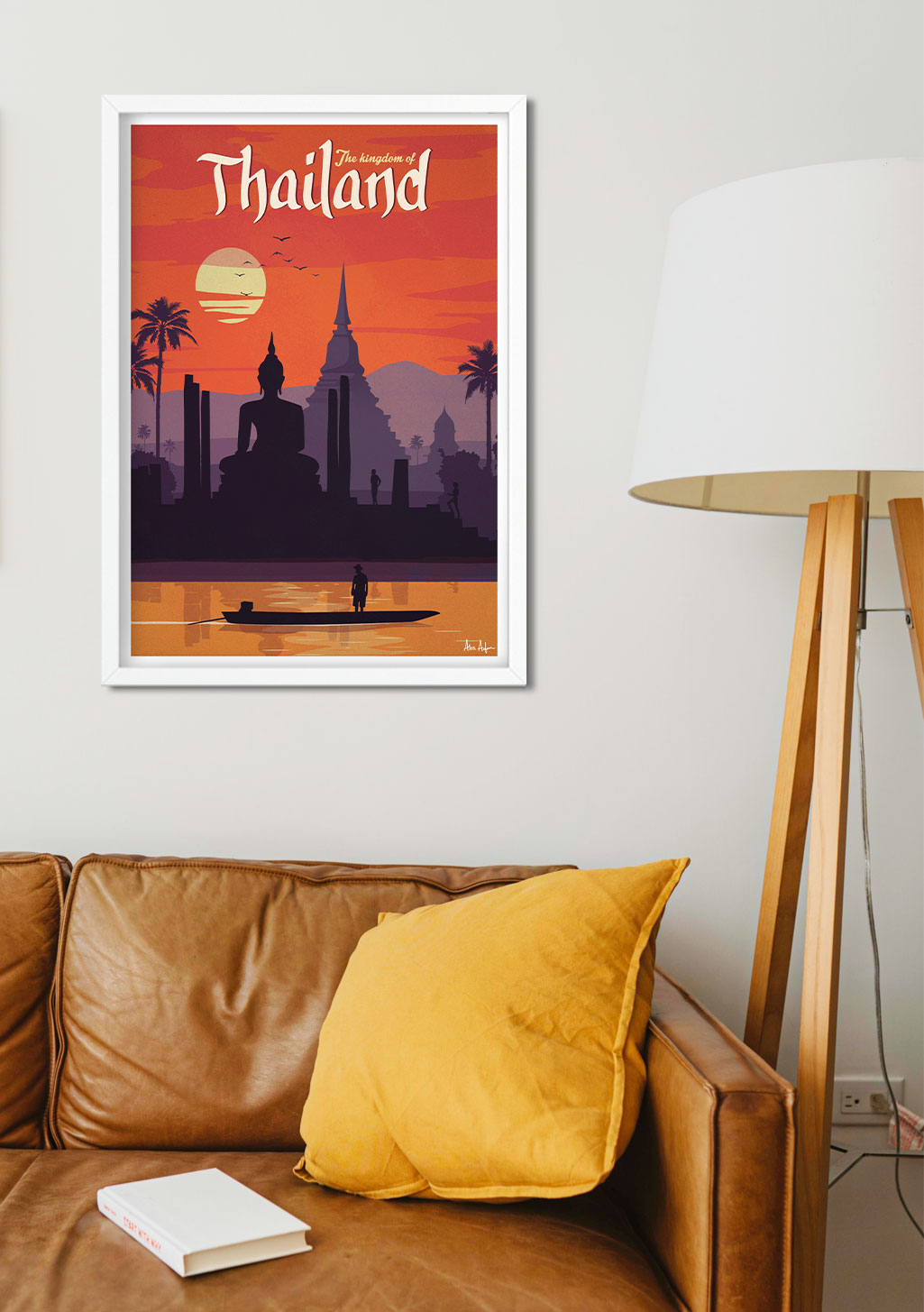 Poster de Thaïlande, coucher de soleil, statue, bateau, coucher de soleil, coucher de soleil