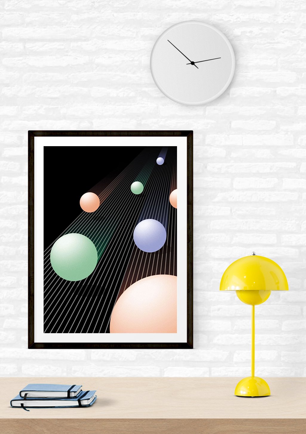 Art abstrait avec cercles colorés et lignes diagonales