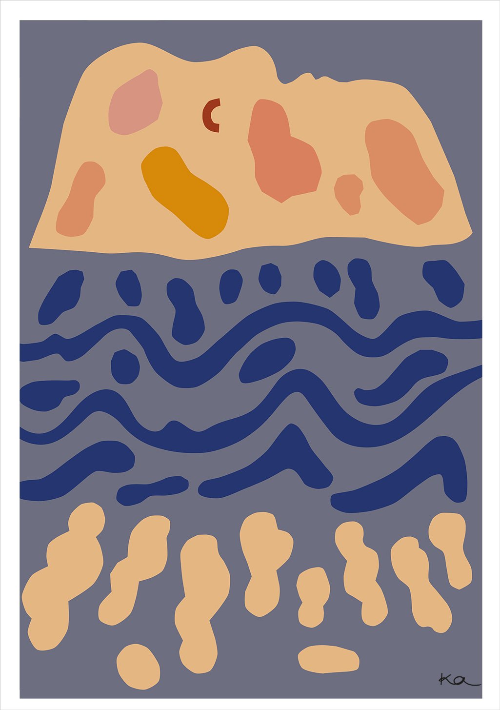 Art abstrait, formes organiques, couleurs chaudes, motifs ondulés, fond gris, signature en bas à droite
