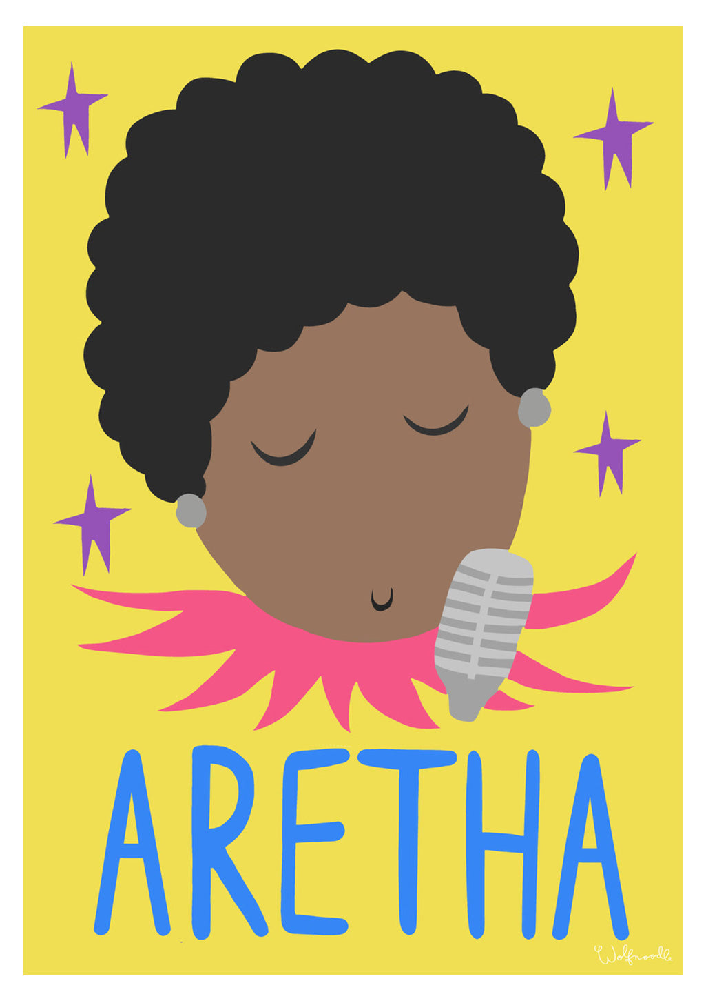 Illustration stylisée d'une femme chantant, nom "ARETHA" en bas