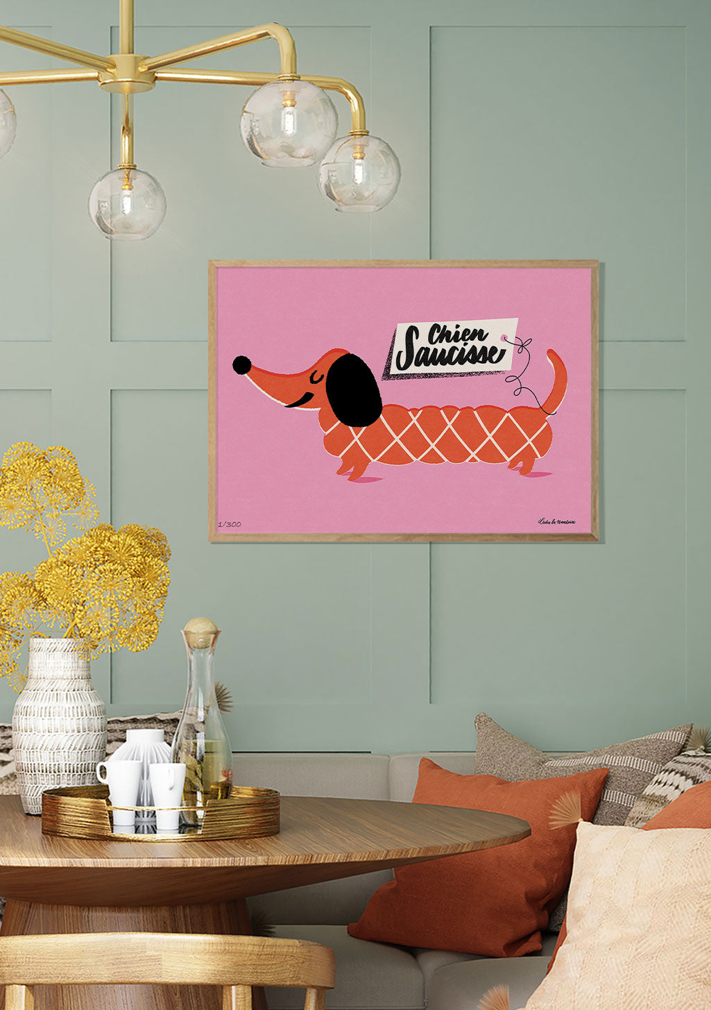 Chien Saucisse poster, dachshund, rose, texte français