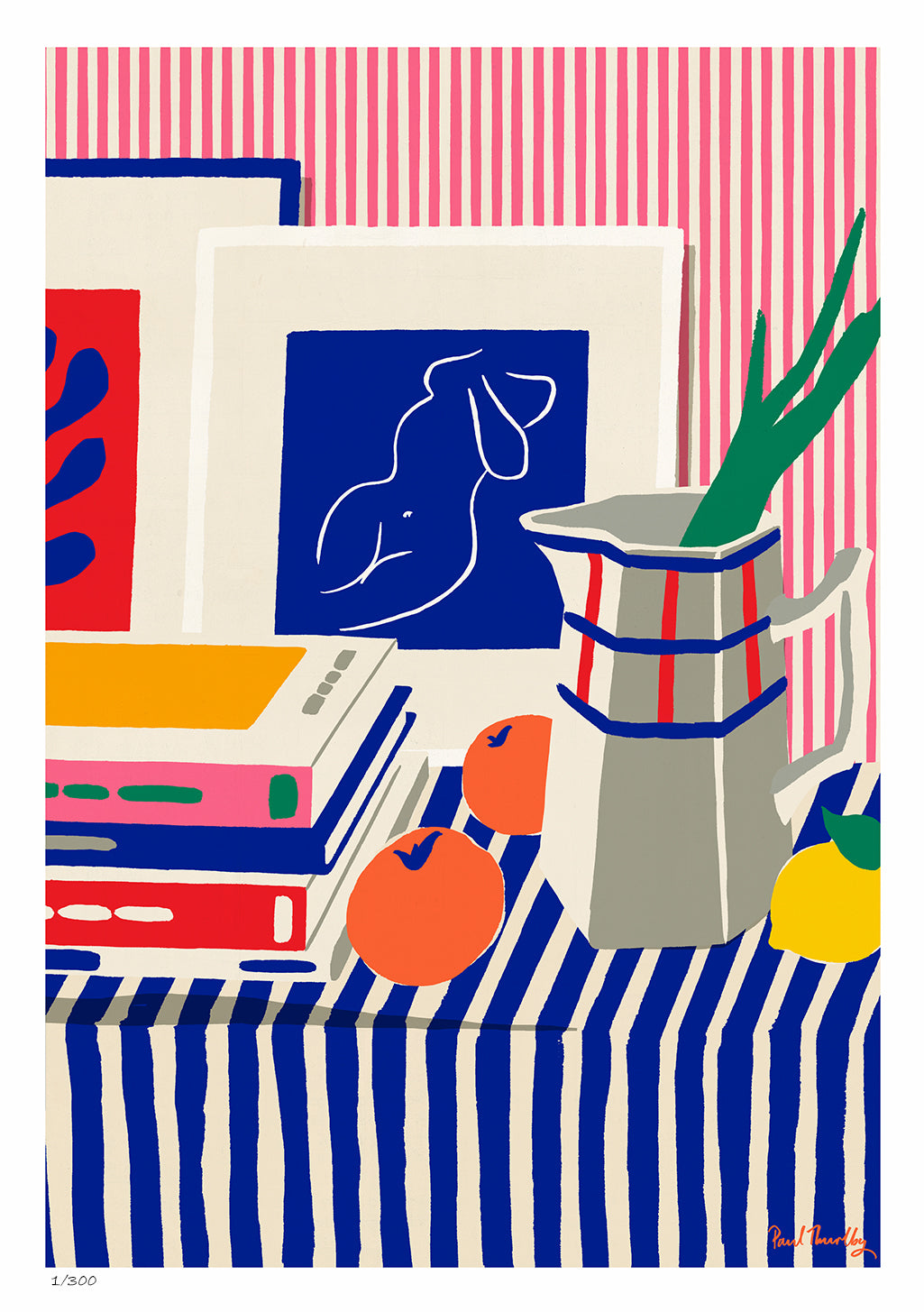 Art abstrait, fruits, livres, motifs rayés, nature morte