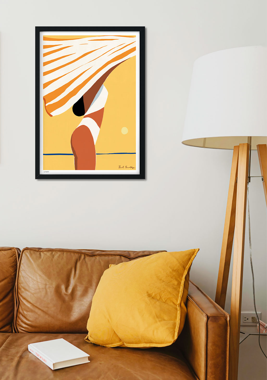 Poster abstrait avec une silhouette et des lignes orange et blanches