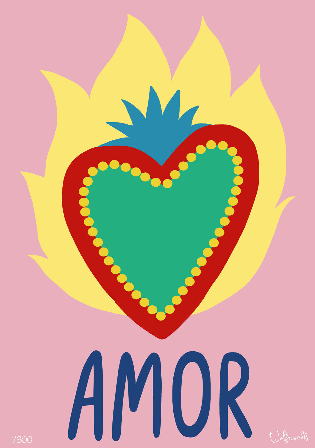 Cœur coloré, flammes jaunes, texte bleu AMOR, fond rose