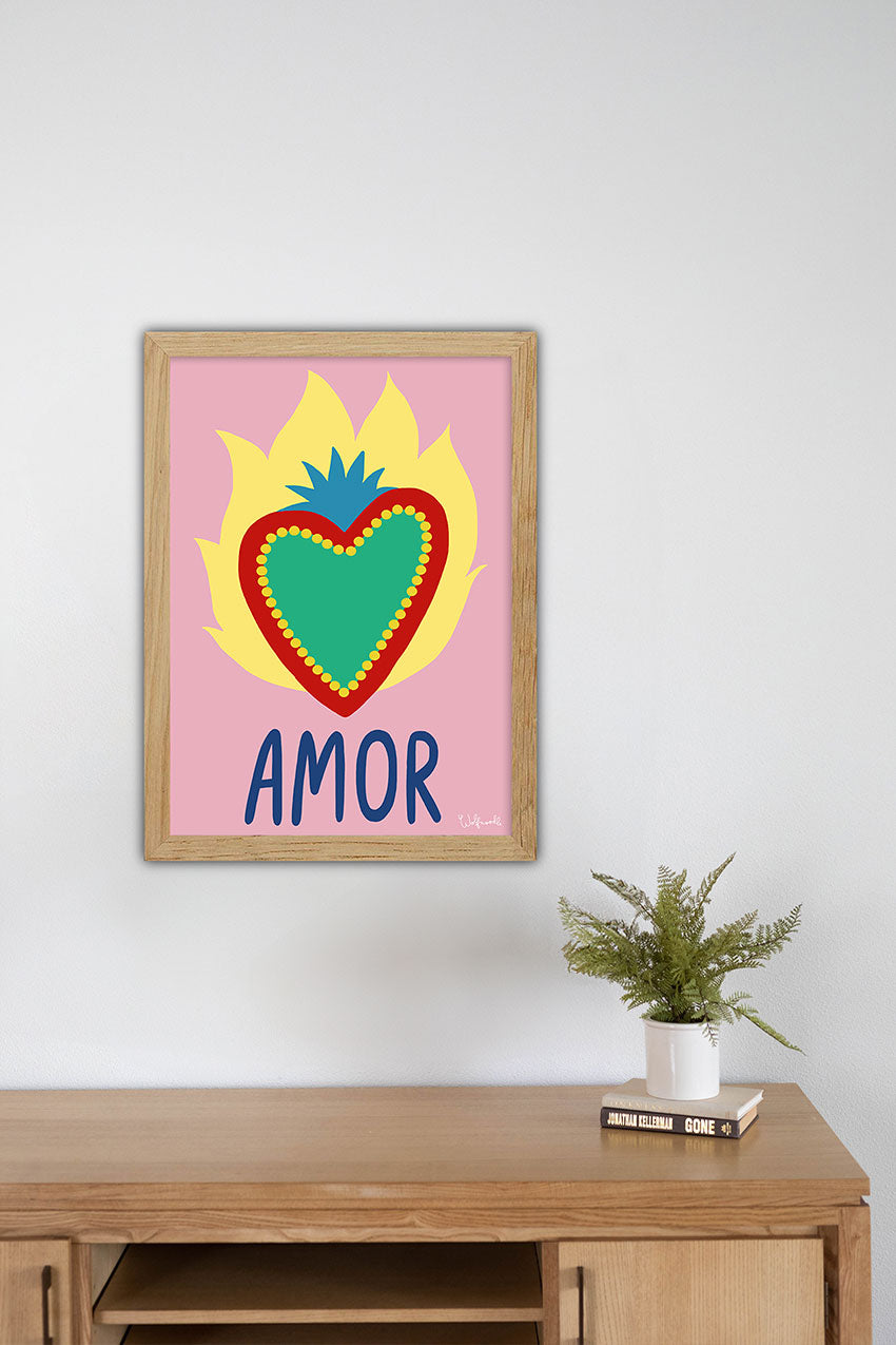 Cœur coloré, amour, art, cadre en bois, mur, plante, livre, table, maison, design, couleur, amour