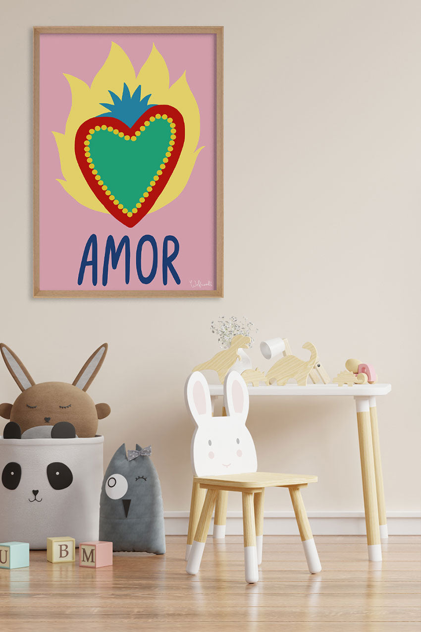 Cœur coloré, AMOR, fond rose, soleil jaune, cadre en bois