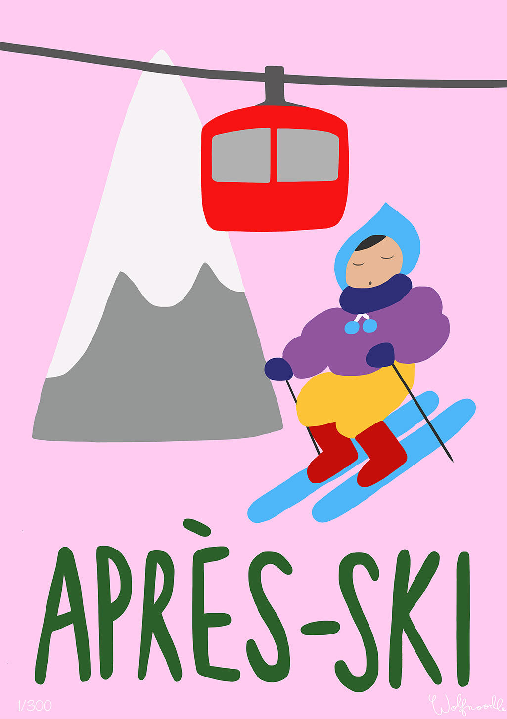 Ski après-ski, personne skiant, télésiège, montagne enneigée, texte coloré