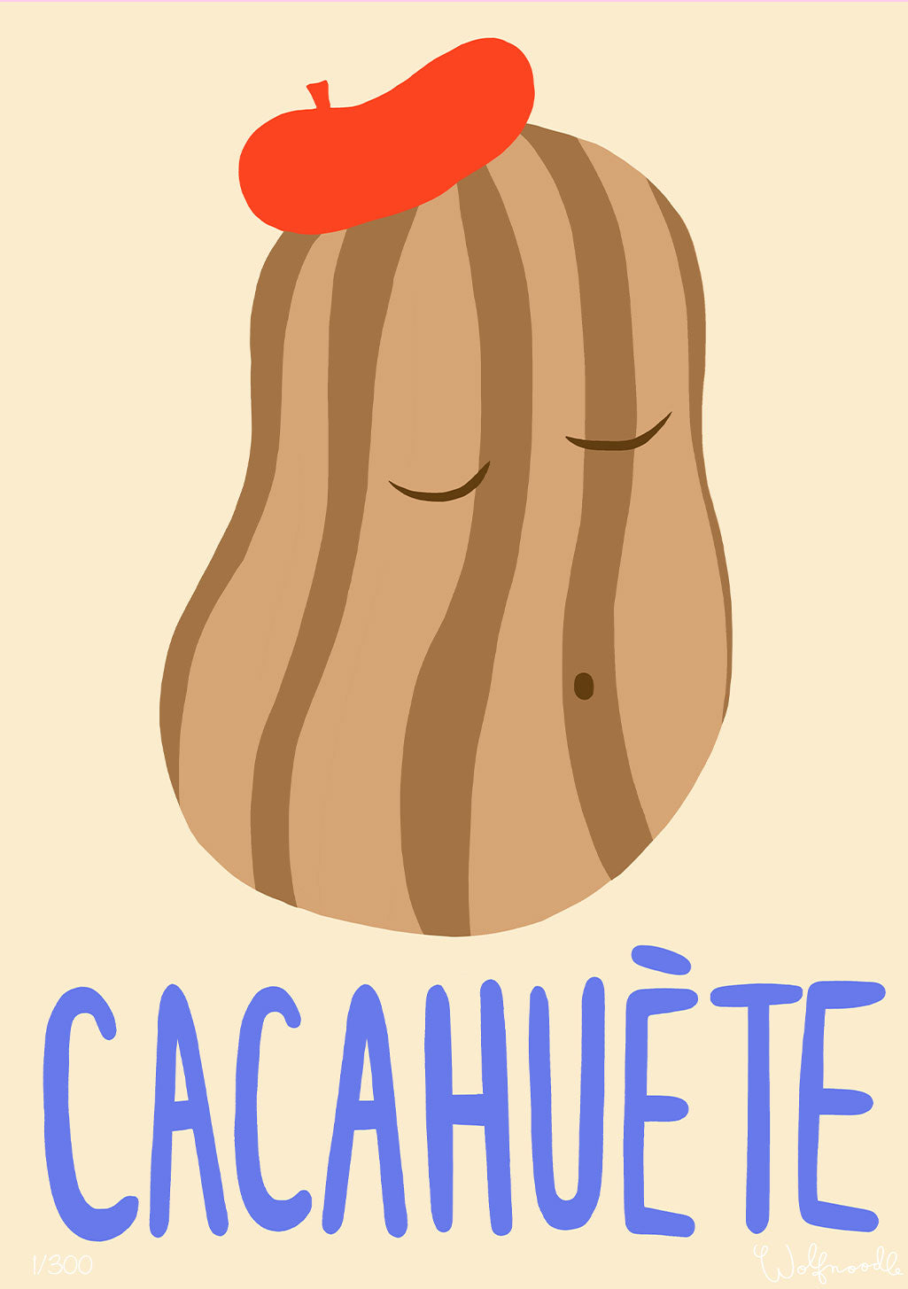 Illustration de cacahuète avec chapeau rouge, texte "CACAHUETE"