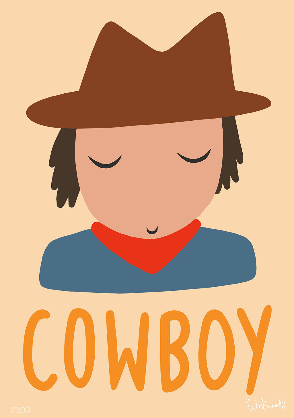 Illustration de dessin animé de cow-boy, chapeau marron, foulard rouge, chemise bleue, texte orange