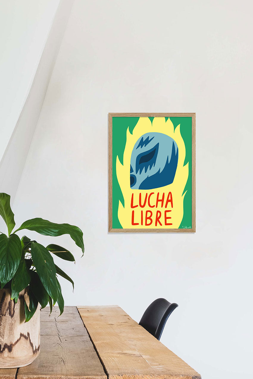 Poster avec une tête bleue, texte rouge, fond jaune et vert