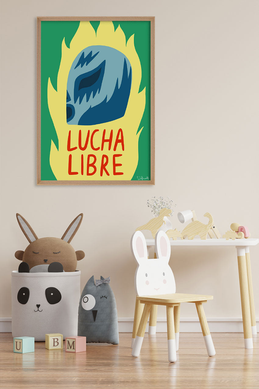 Poster avec une tête bleue, texte Lucha Libre, fond jaune et vert
