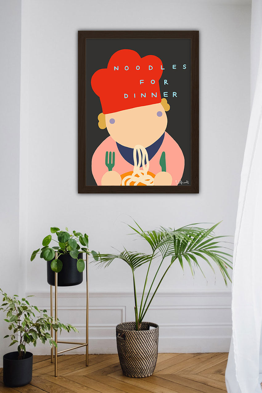 Personnage mangeant des nouilles, chapeau rouge, texte "NOODLES FOR DINNER"