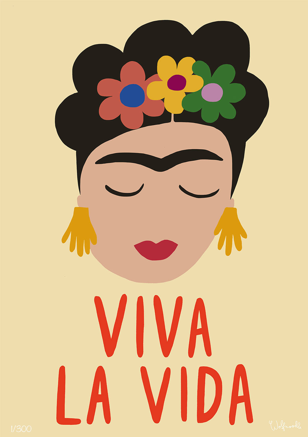 Illustration stylisée de femme, fleurs dans les cheveux, boucles d'oreilles pendantes, texte "Viva la vida"