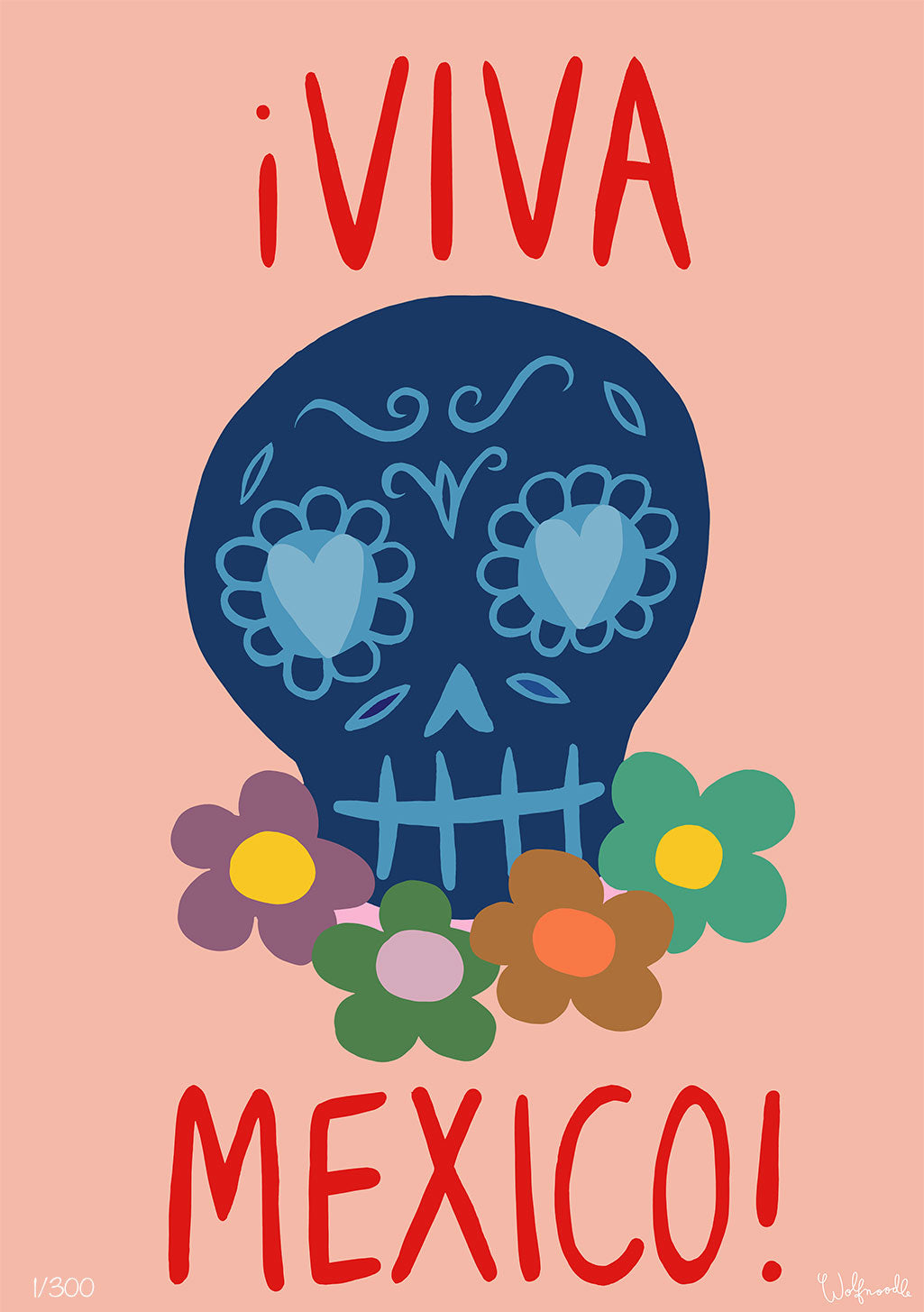 Crâne mexicain coloré, fleurs, texte "iVIVA MEXICO!"