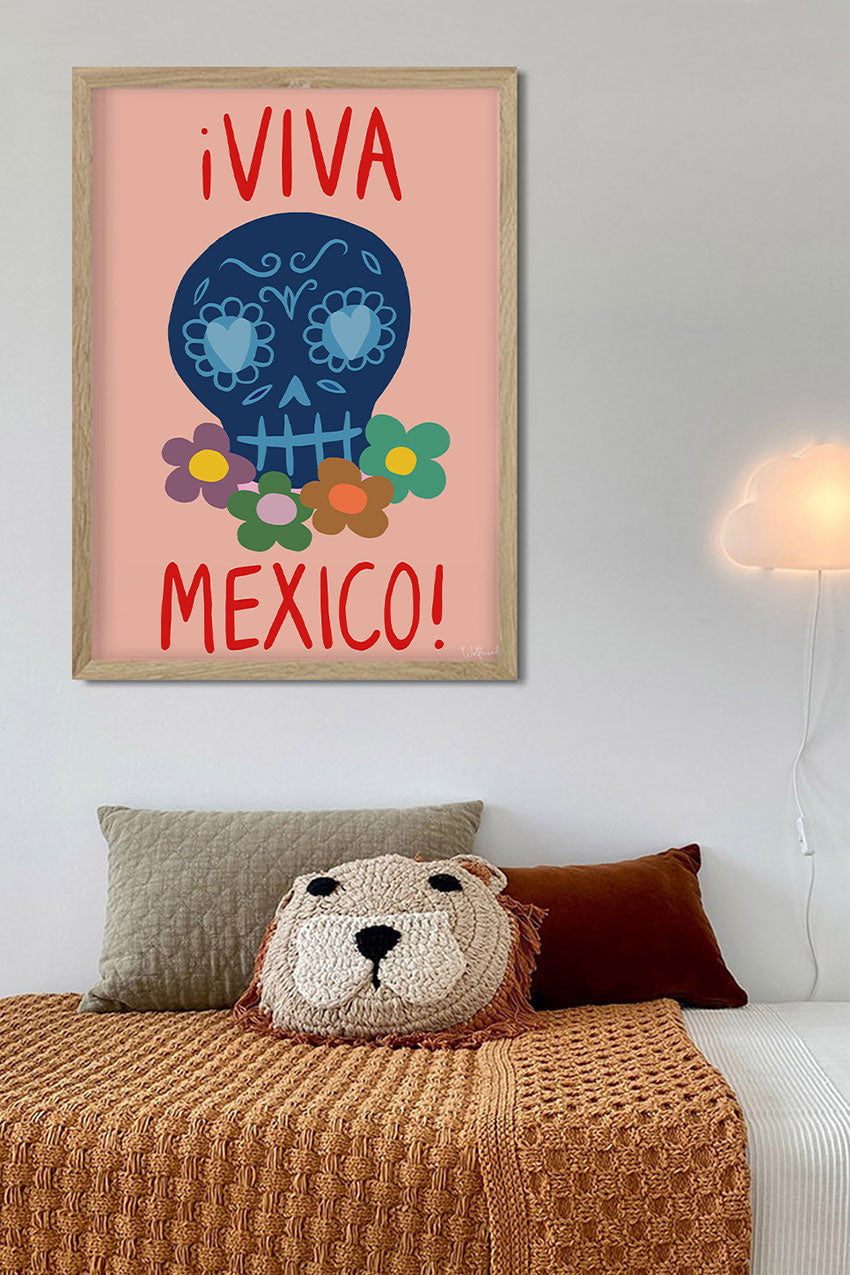 Crâne coloré, fleurs, texte "¡VIVA MEXICO!"