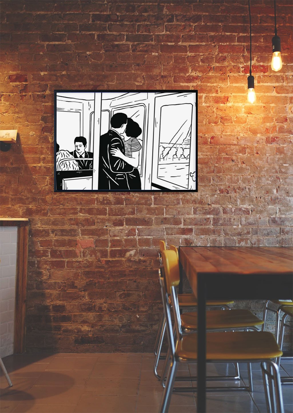 Art en noir et blanc, couple embrassant, homme au travail, scène de café