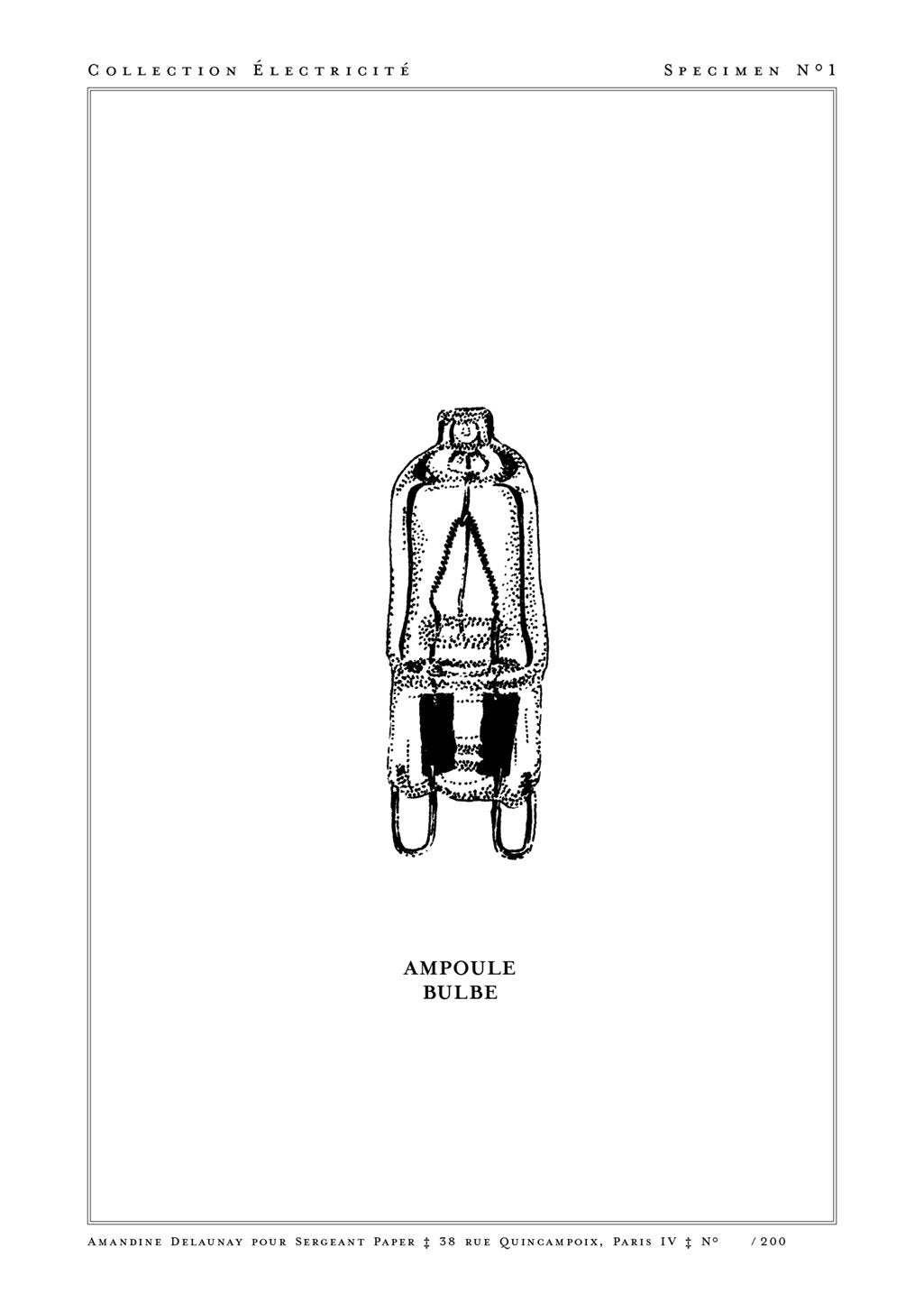 Lampe à incandescence vintage, illustration en noir et blanc, étiquette 'Ampoule Bulbe'