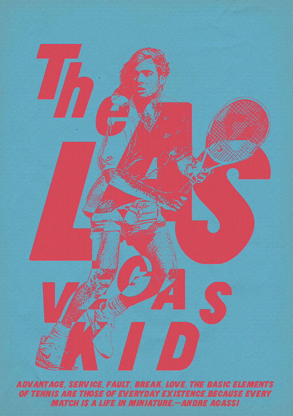 Tennis, femme, raquette, texte rouge, fond bleu, citation, athlétique, design graphique, énergie, sport, passion, vie