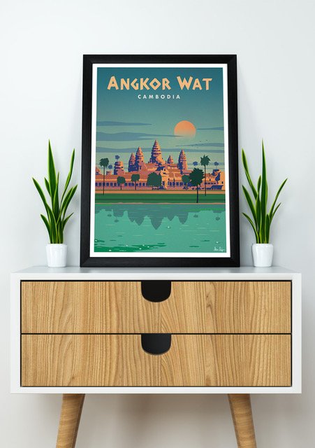 Angkor Wat Cambodge coucher de soleil temple illustration vintage