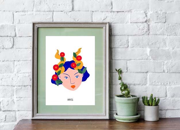 Illustration de femme avec fruits, étiqueté "Bélier"