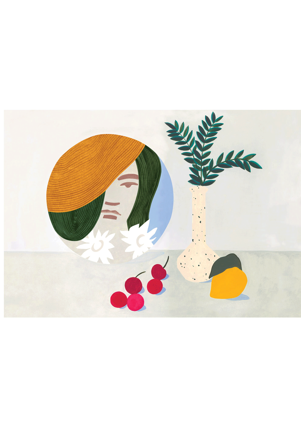 Illustration stylisée d'une femme avec des fruits et des fleurs