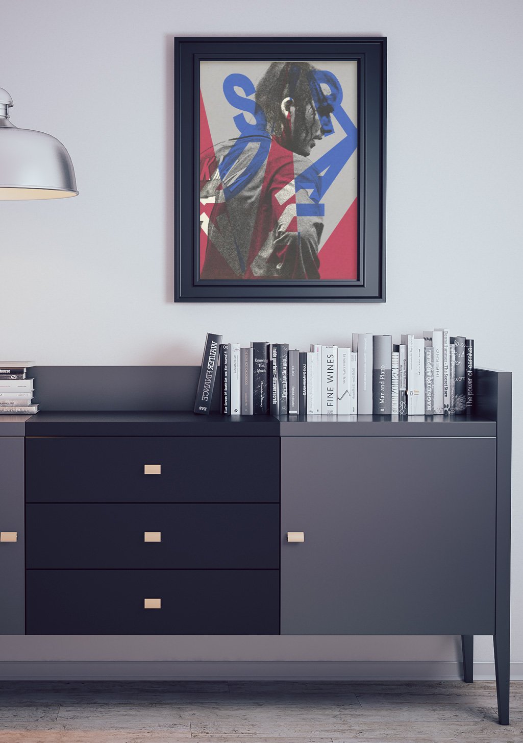 Poster de basketteur avec texte bleu et rouge