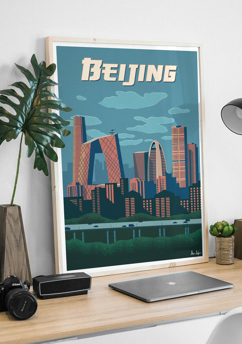 Poster de Beijing, ville, bâtiments, illustration colorée, cadre, mur