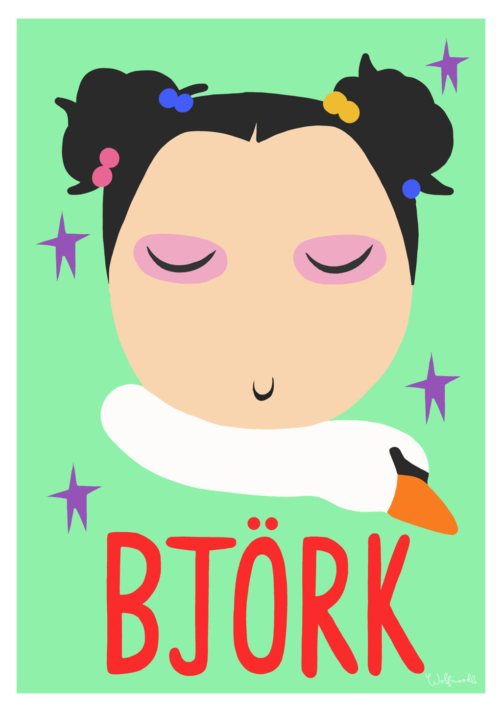 Illustration stylisée d'une femme avec des oiseaux, texte "BJÖRK"