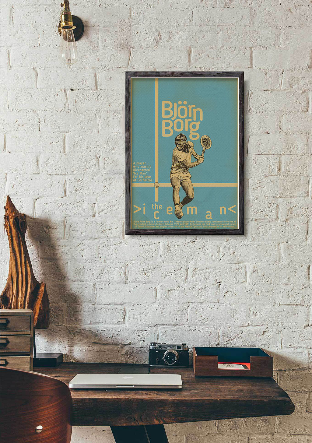 Poster de tennis Bjorn Borg, homme, raquette, bleu, texte, cadre, mur de briques