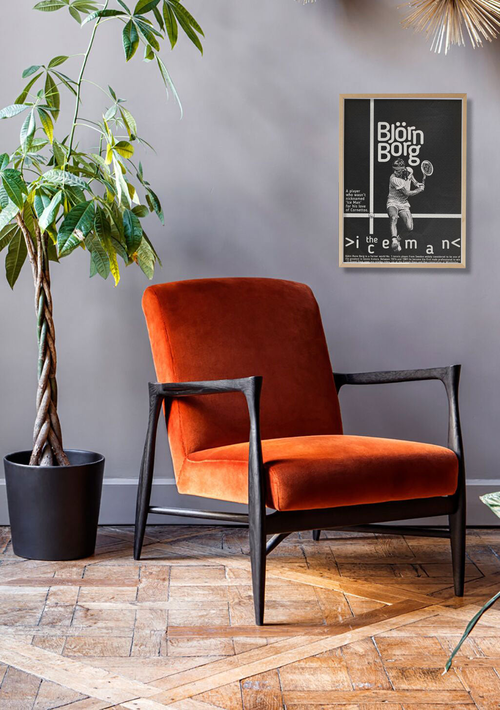 Poster de tennis en noir et blanc avec texte "Björn Borg"