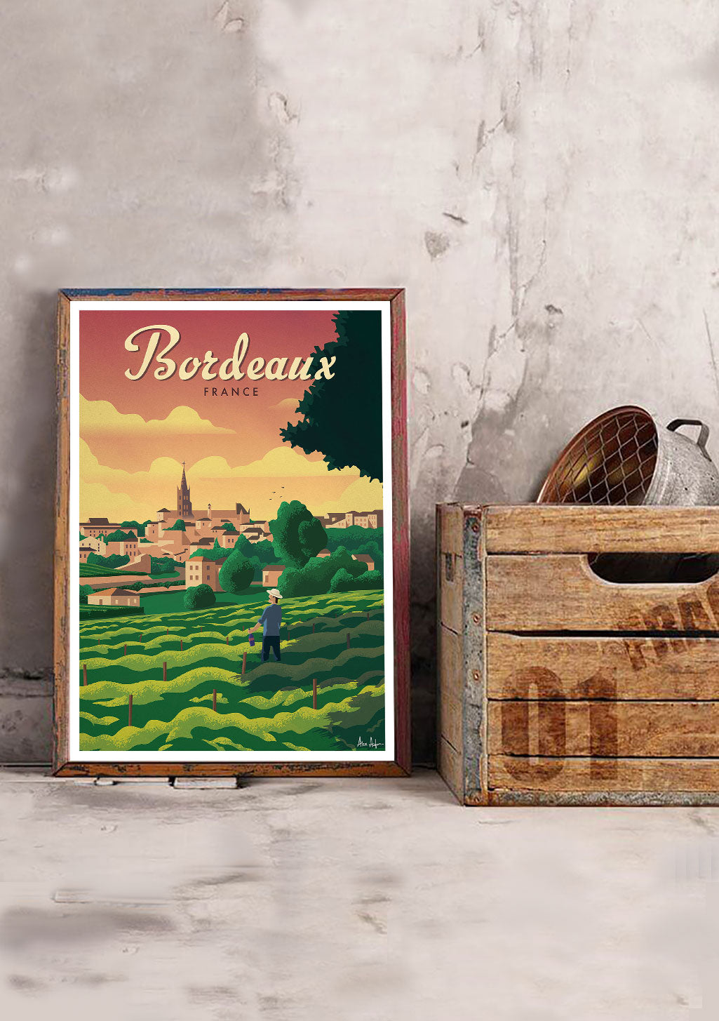 Poster Bordeaux France, vignoble, village, coucher de soleil, illustration colorée
