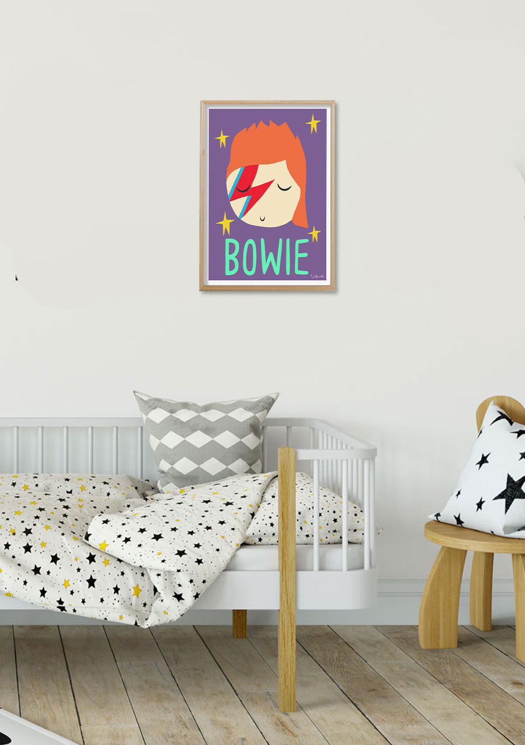 Poster Bowie, cheveux orange, étoiles, nom Bowie, fond violet