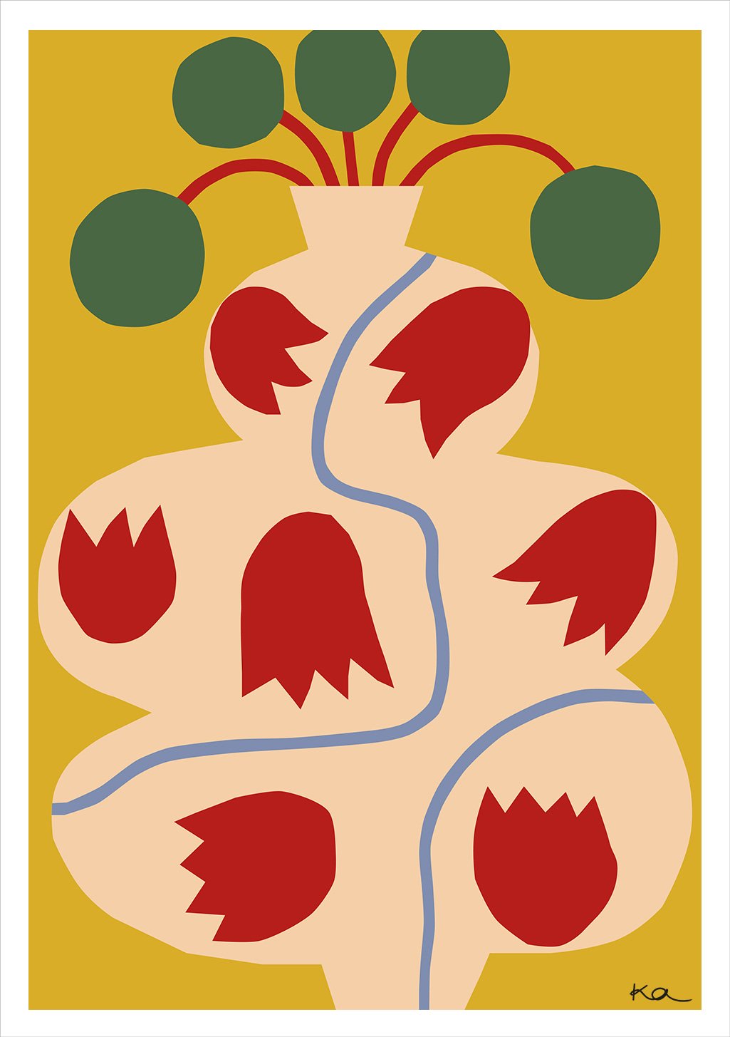 Art abstrait fleurs vase rouge vert