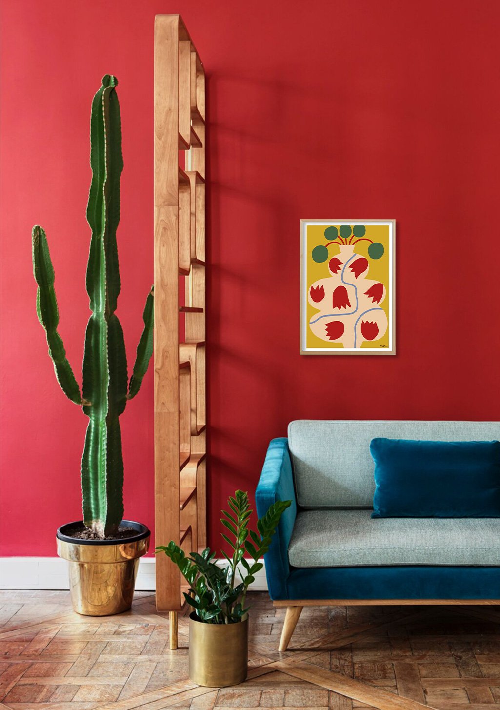 Art abstrait floral jaune et rouge