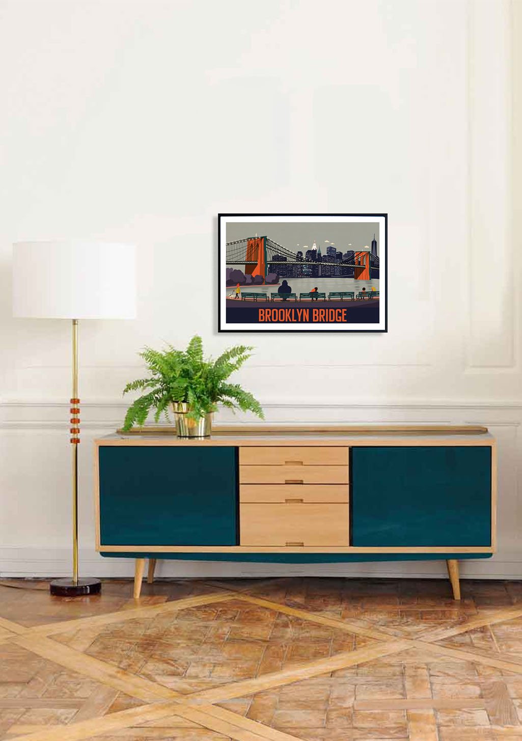 Affichage du Brooklyn Bridge, couleurs vives, cadre noir
