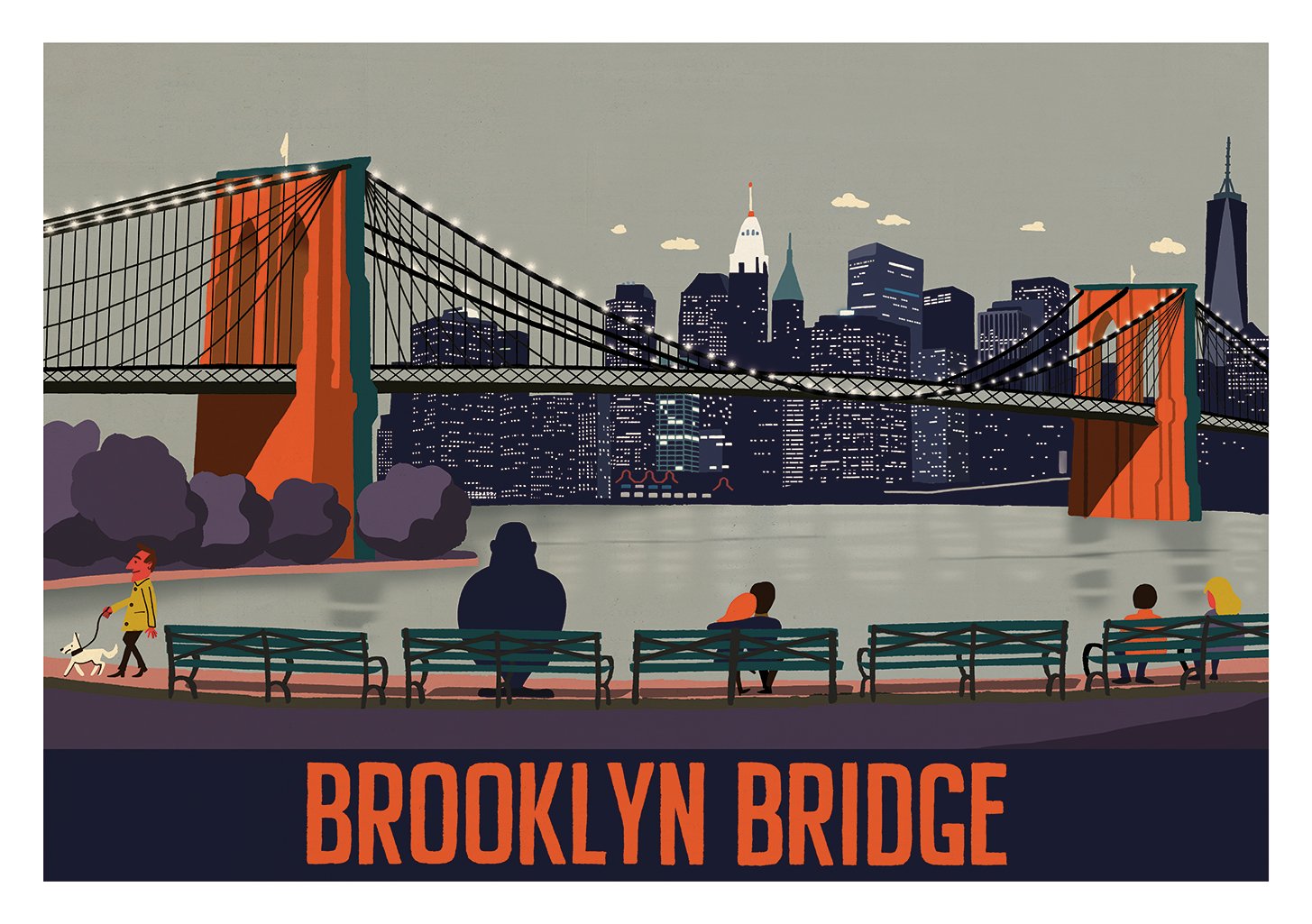 Pont de Brooklyn, illustration de ville, personnes assises, chien promenade, skyline urbain, nuit, pont suspendu