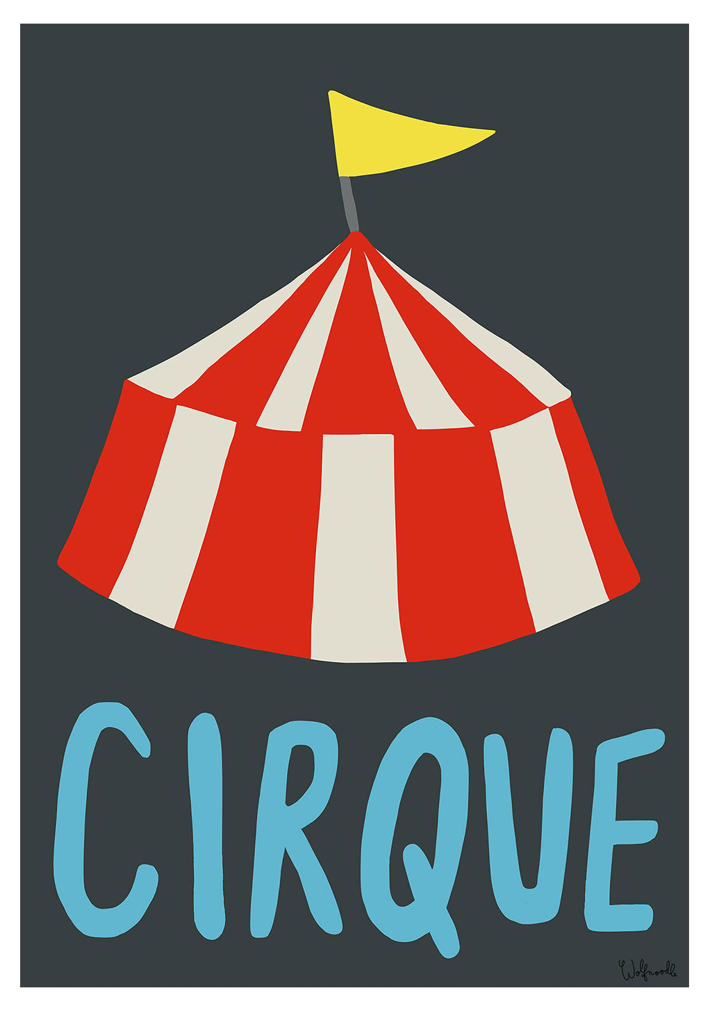 Tente de cirque rouge et blanche avec drapeau jaune, texte bleu "CIRQUE"