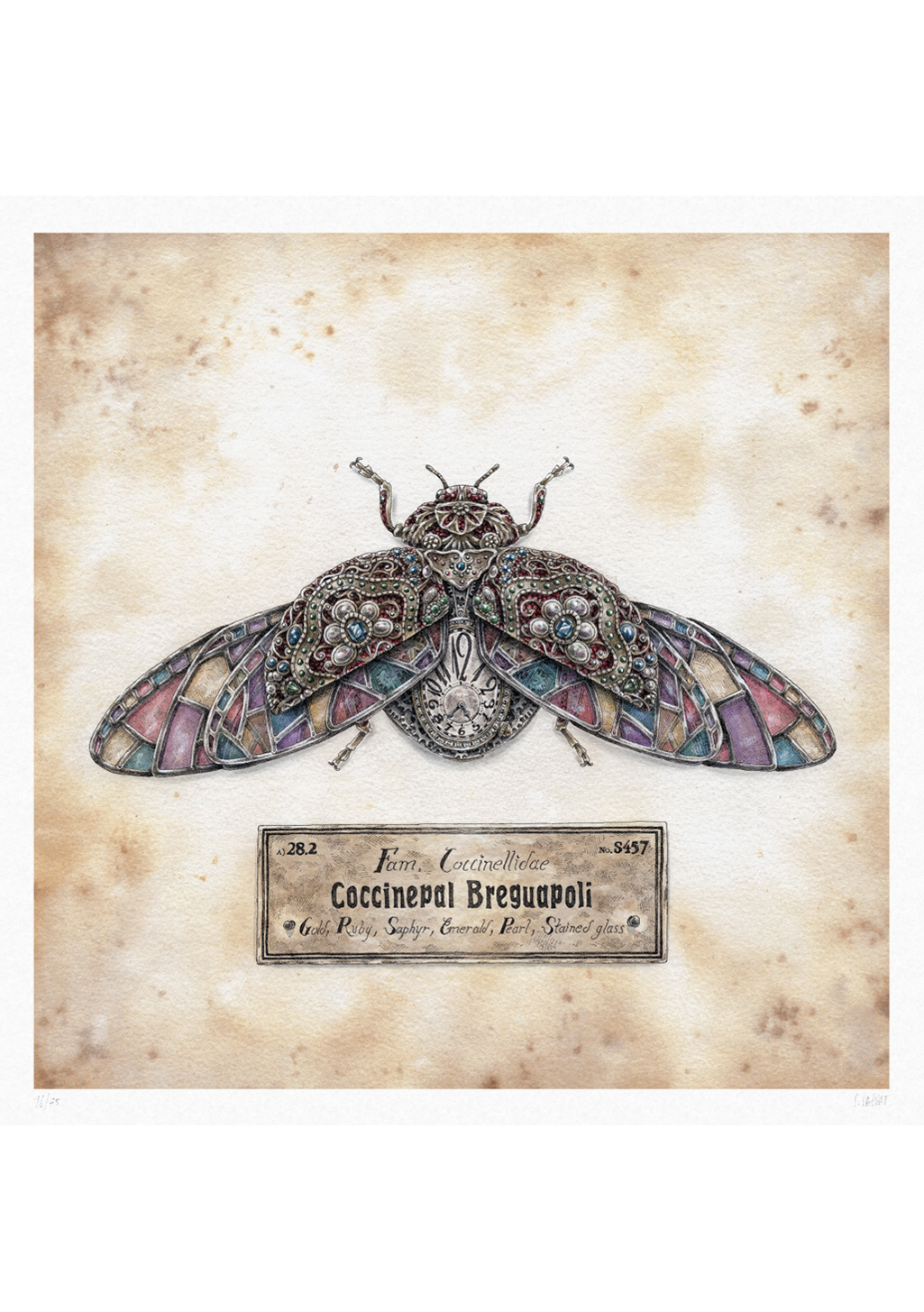 Papillon orné, étiquette, verre coloré, insecte, bijoux, ancien, cadre beige, texte en bas