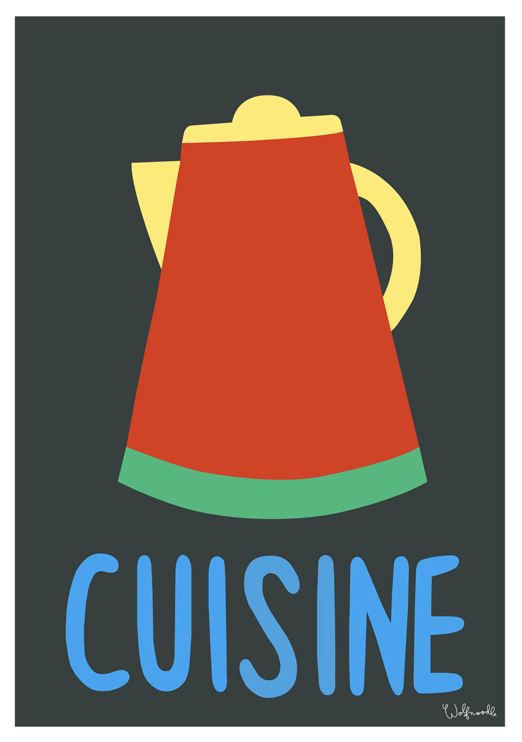 Cuisine, théière rouge, texte bleu, fond noir, art culinaire