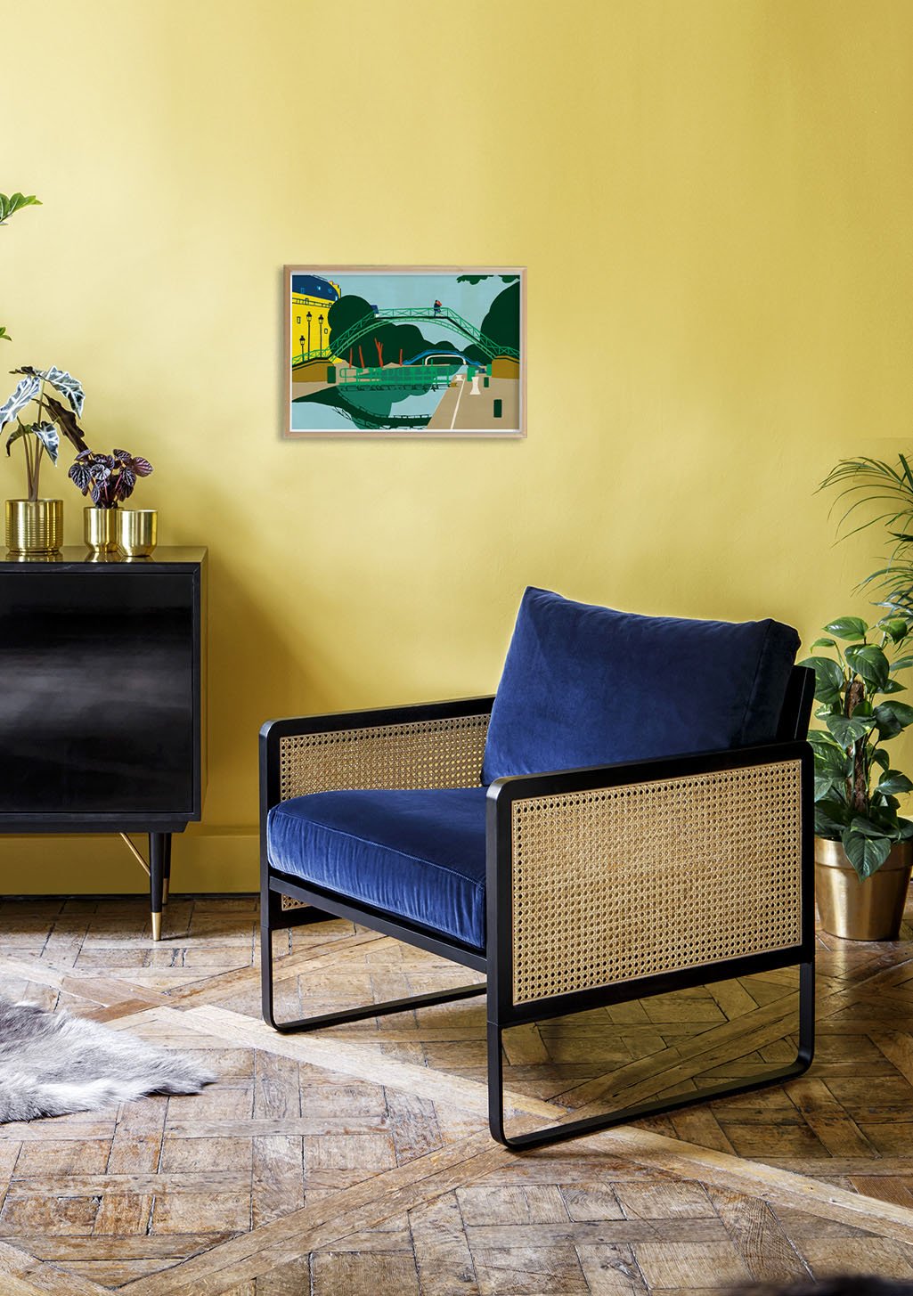 Poster de paysage urbain coloré avec des bâtiments et des arbres