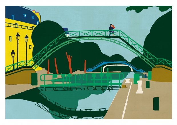 Pont vert, personne, rue, bâtiments, arbres, ciel bleu, rue, voiture, lampadaires, rivière, couleurs vives, illustration