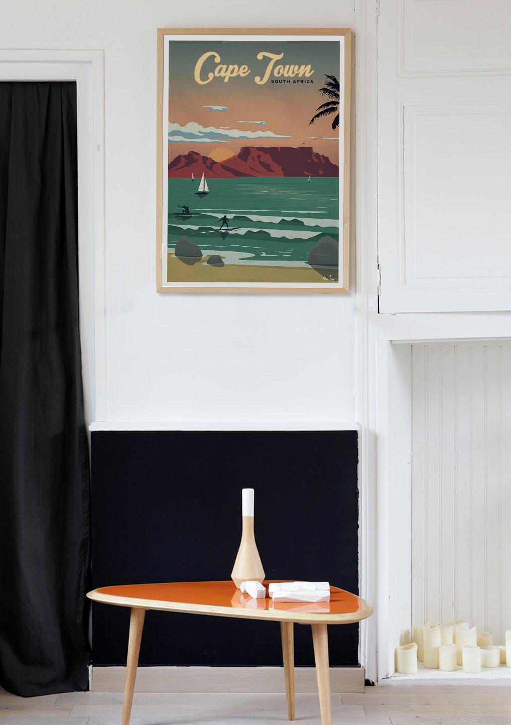 Poster de Cape Town, Afrique du Sud, plage, coucher de soleil, voiliers, montagne