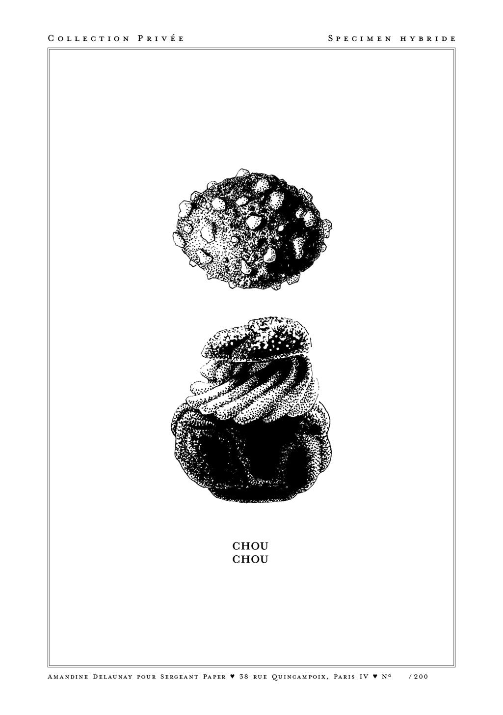 Poster en noir et blanc avec des motifs organiques, texte "CHOU CHOU"